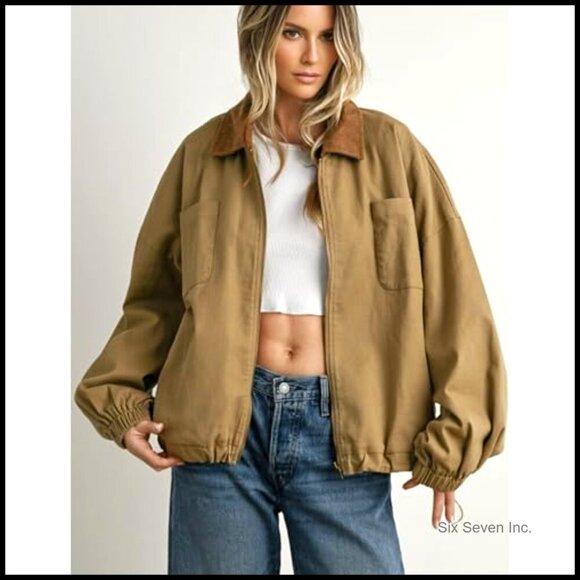 Corduroy Collar Utility Jacket Cinchable Hem Lightweight Workwear Chic Vintage - Picture 2 of 6